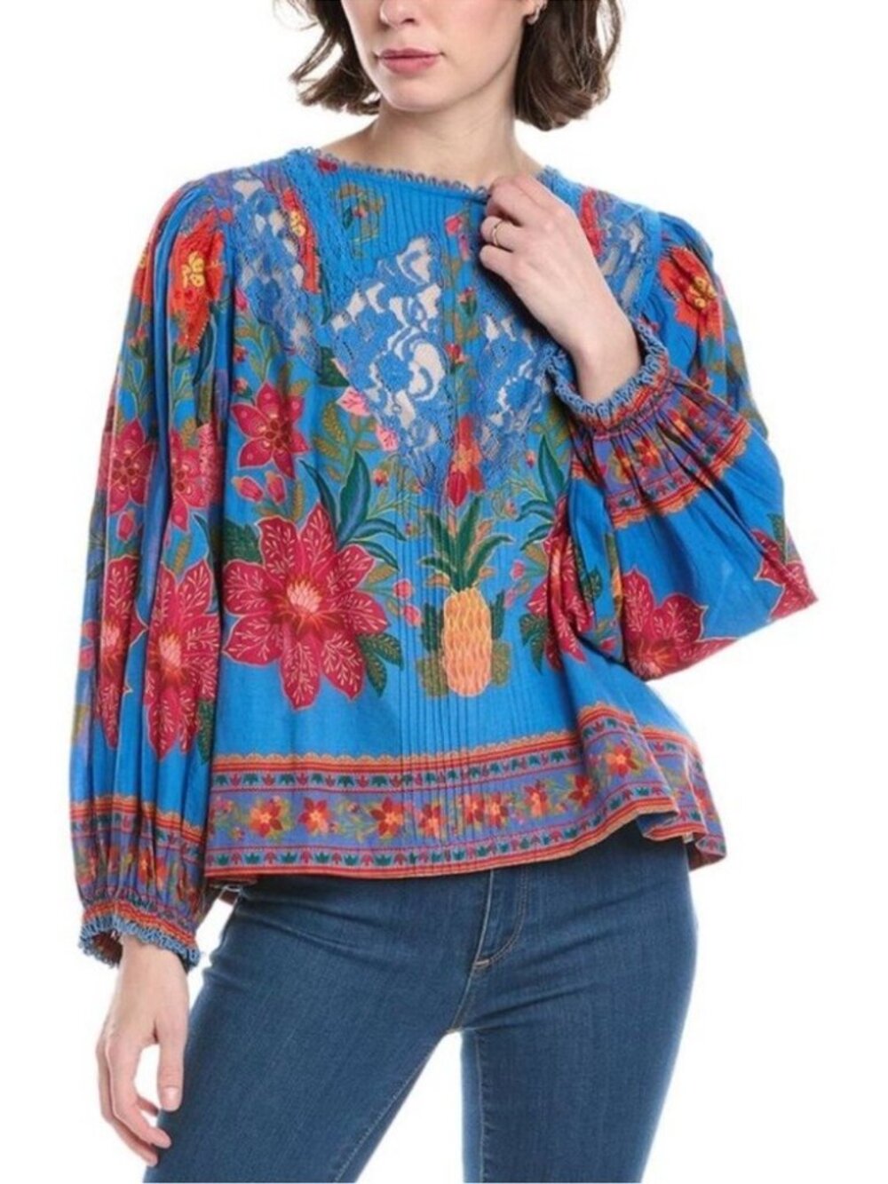 FARM RIO womens BLOUSE blue FLORAL red BOHO pineapple SIZE L